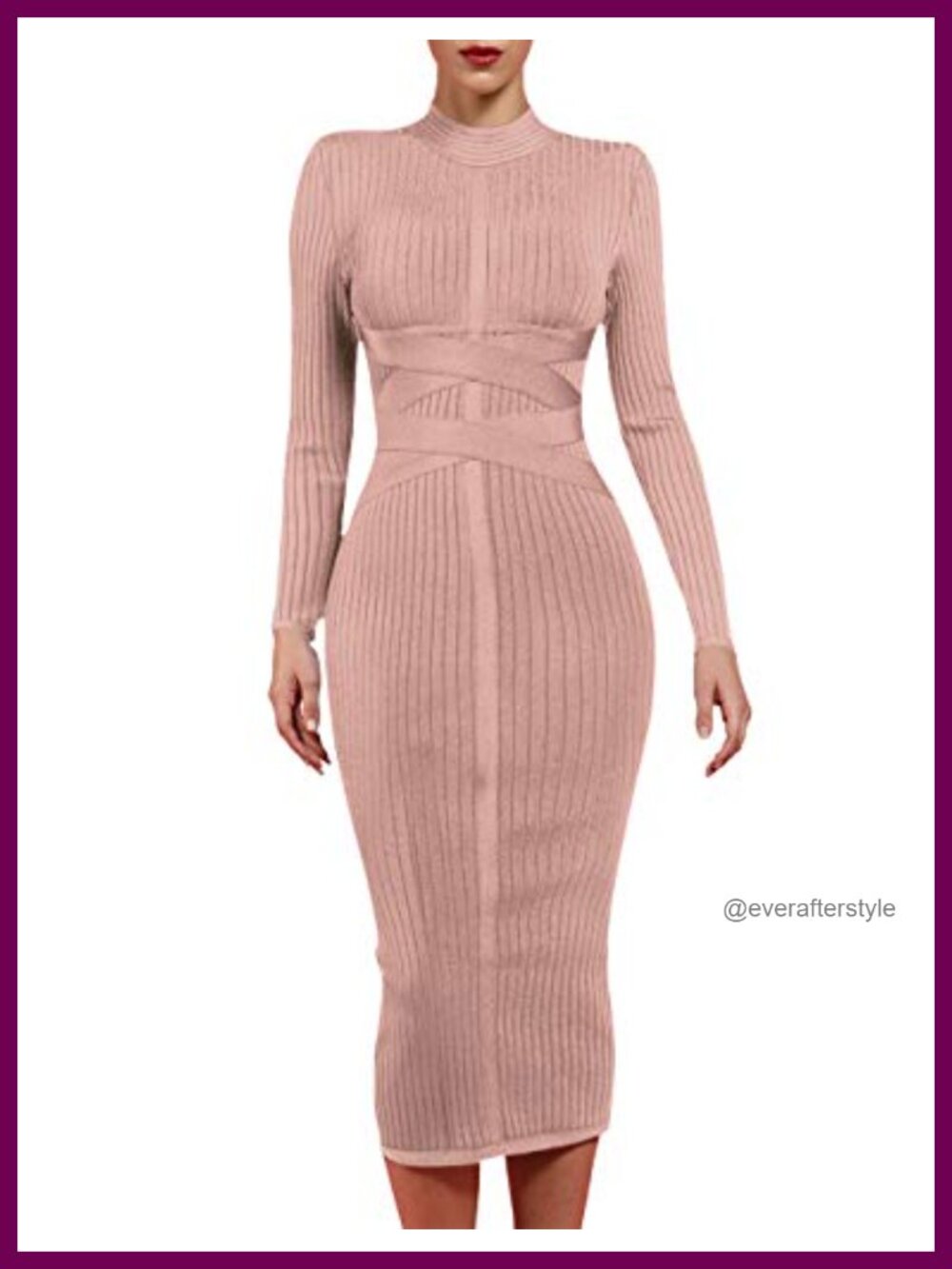 Cross Strap Ribbed Bandage Long Sleeve Bodycon Midi Party Dress
